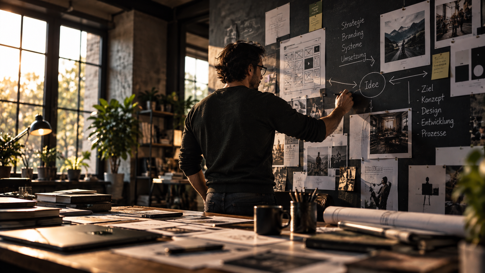 A person at a wall of sketches, photos, and the word idea