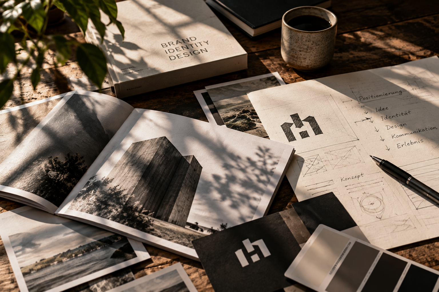 Brand book, sketches, and a colour palette on a table