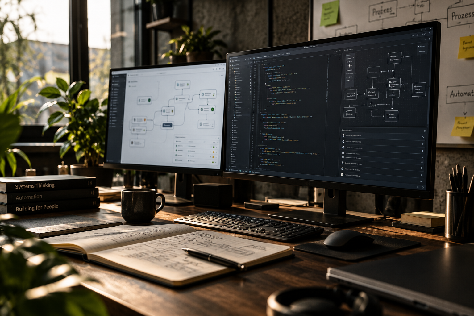 Two monitors with code and process diagrams