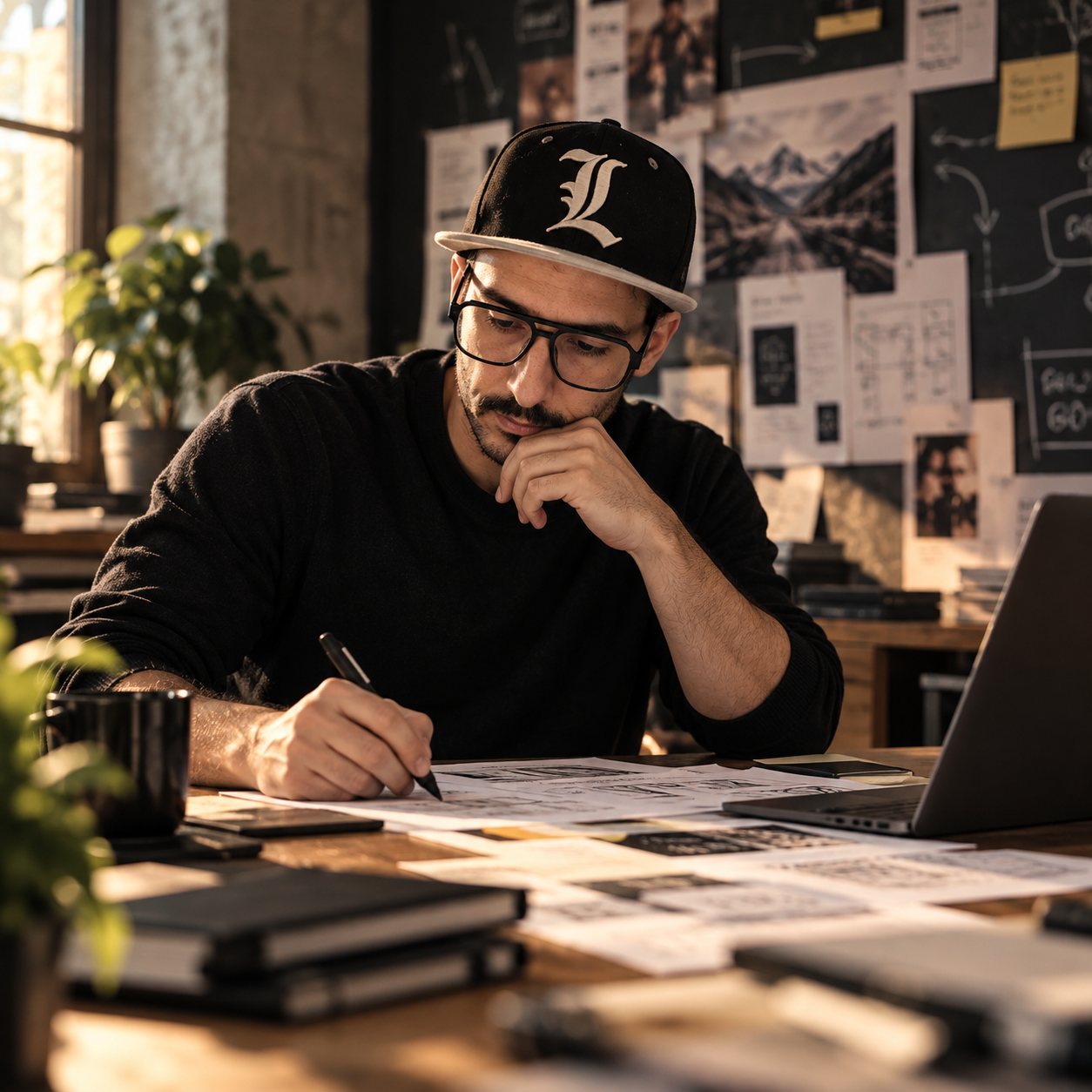 A person in a cap at a desk, sketching beside a laptop